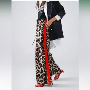 Leopard Print Wide-Leg Pants with Red Stripe